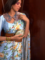 Printed Satin‑Crepe Saree - Sky Blue