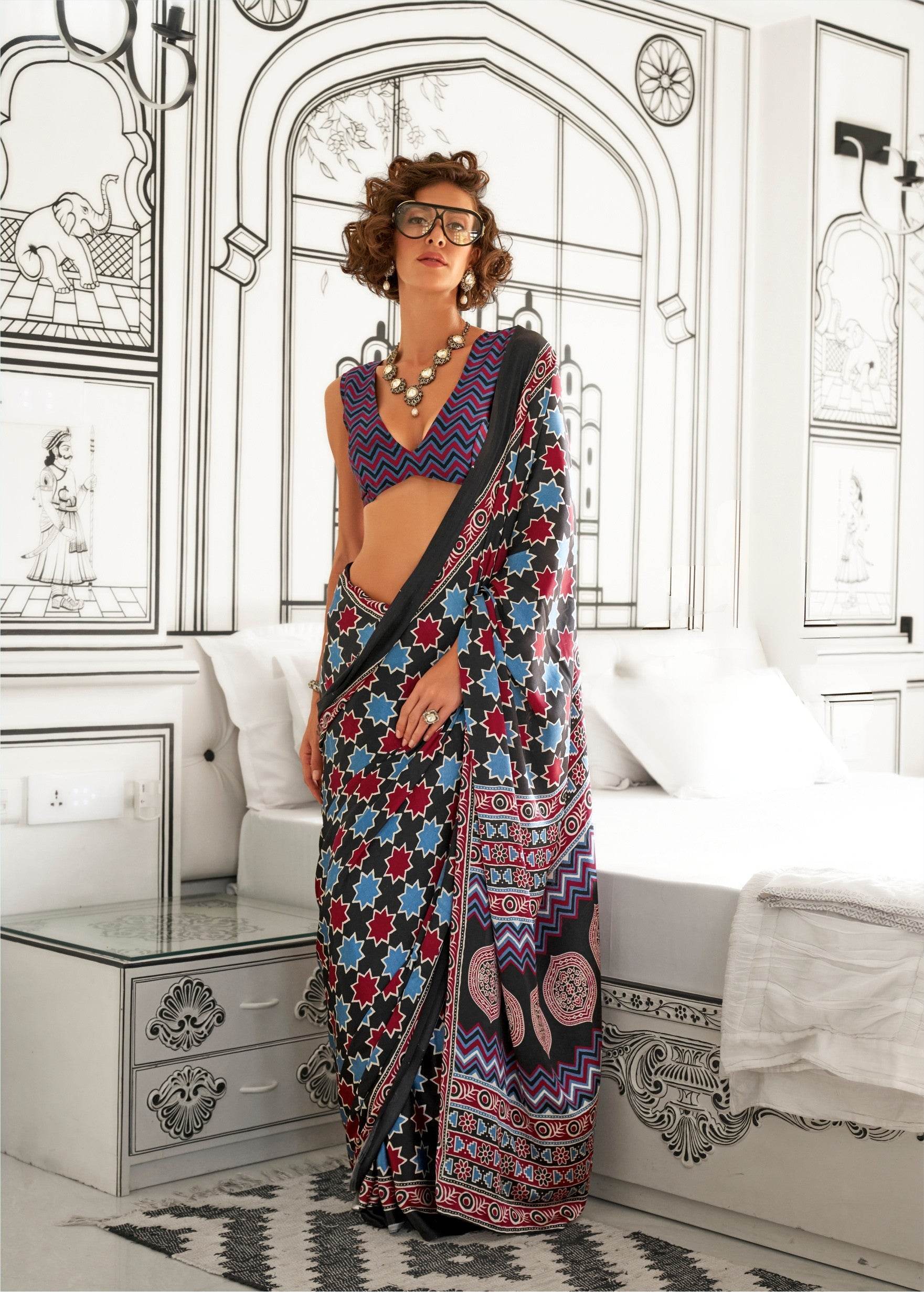 Ajrakh Printed Satin Saree - Blue - - Laxha Clothing - www.laxhaclothing.com