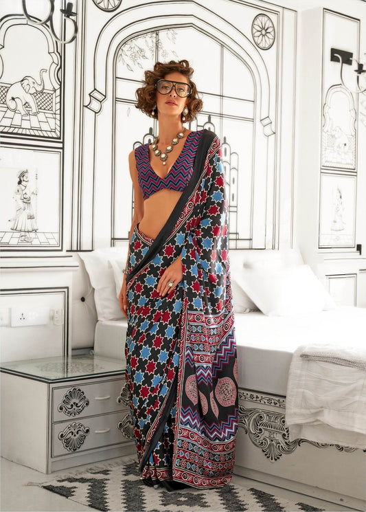 Ajrakh Printed Satin Saree - Blue - - Laxha Clothing - www.laxhaclothing.com