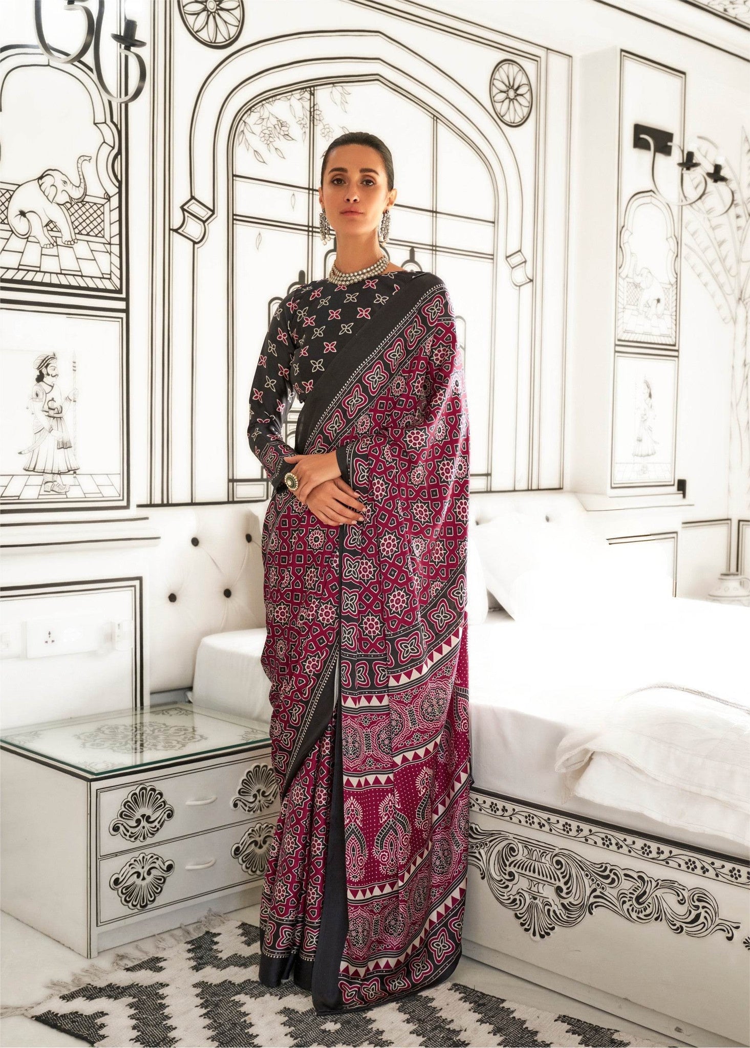 Ajrakh Printed Satin Saree - Maroon - - Laxha Clothing - www.laxhaclothing.com