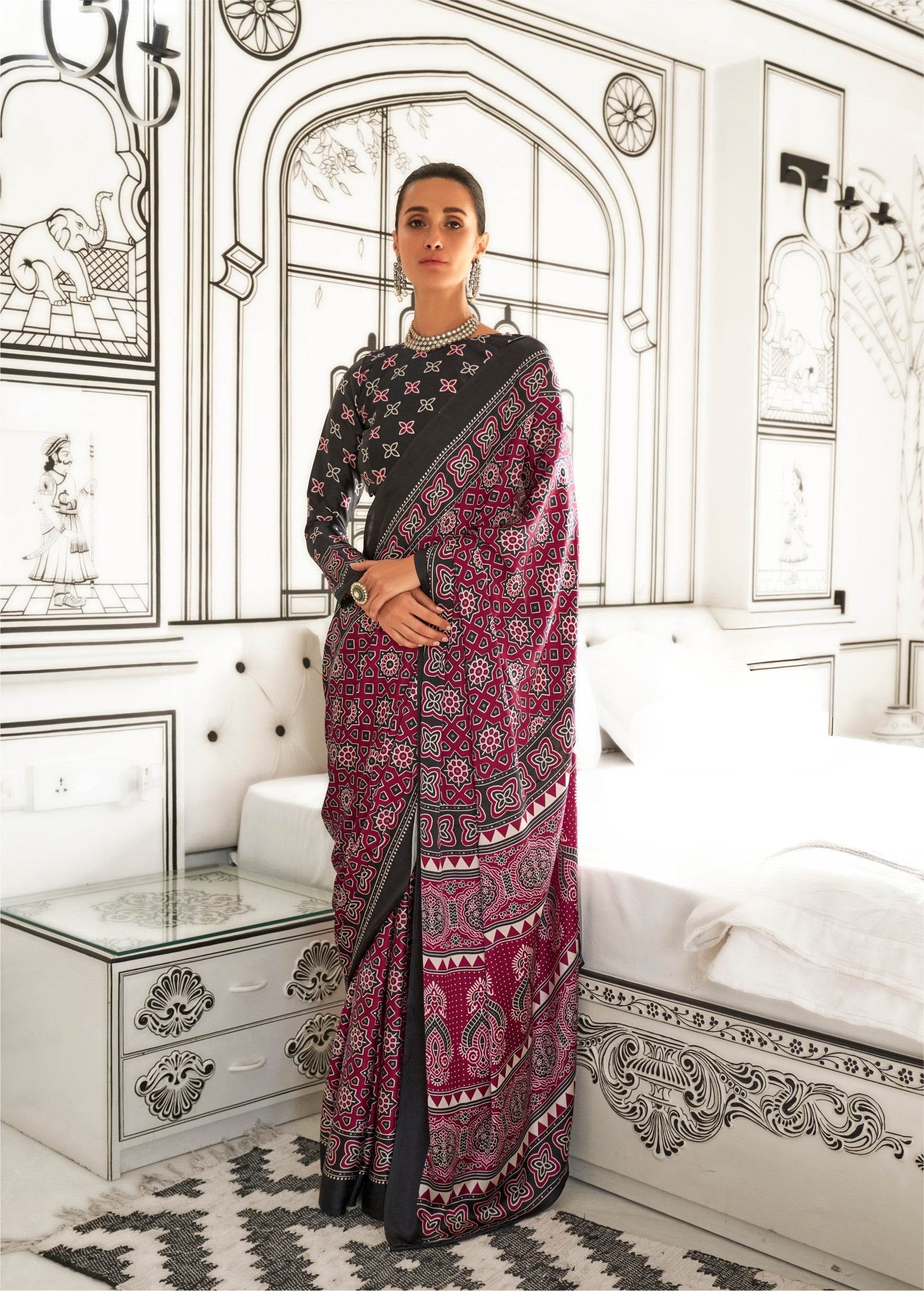 Ajrakh Printed Satin Saree - Maroon - - Laxha Clothing - www.laxhaclothing.com