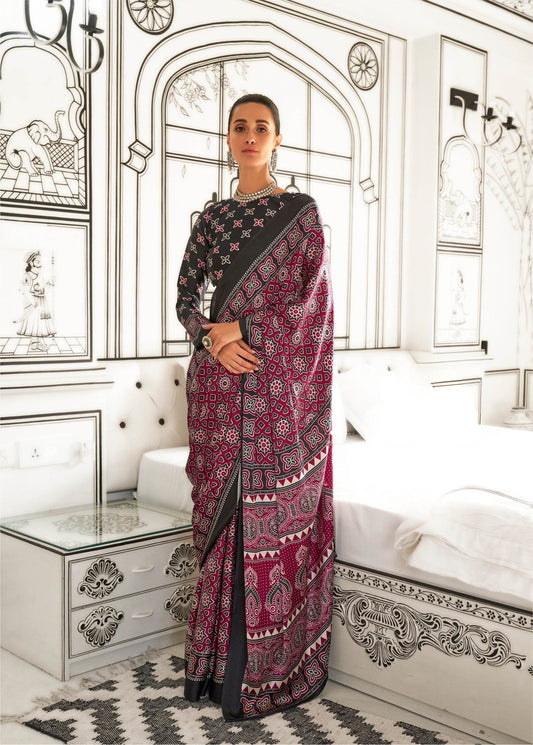 Ajrakh Printed Satin Saree - Maroon - - Laxha Clothing - www.laxhaclothing.com