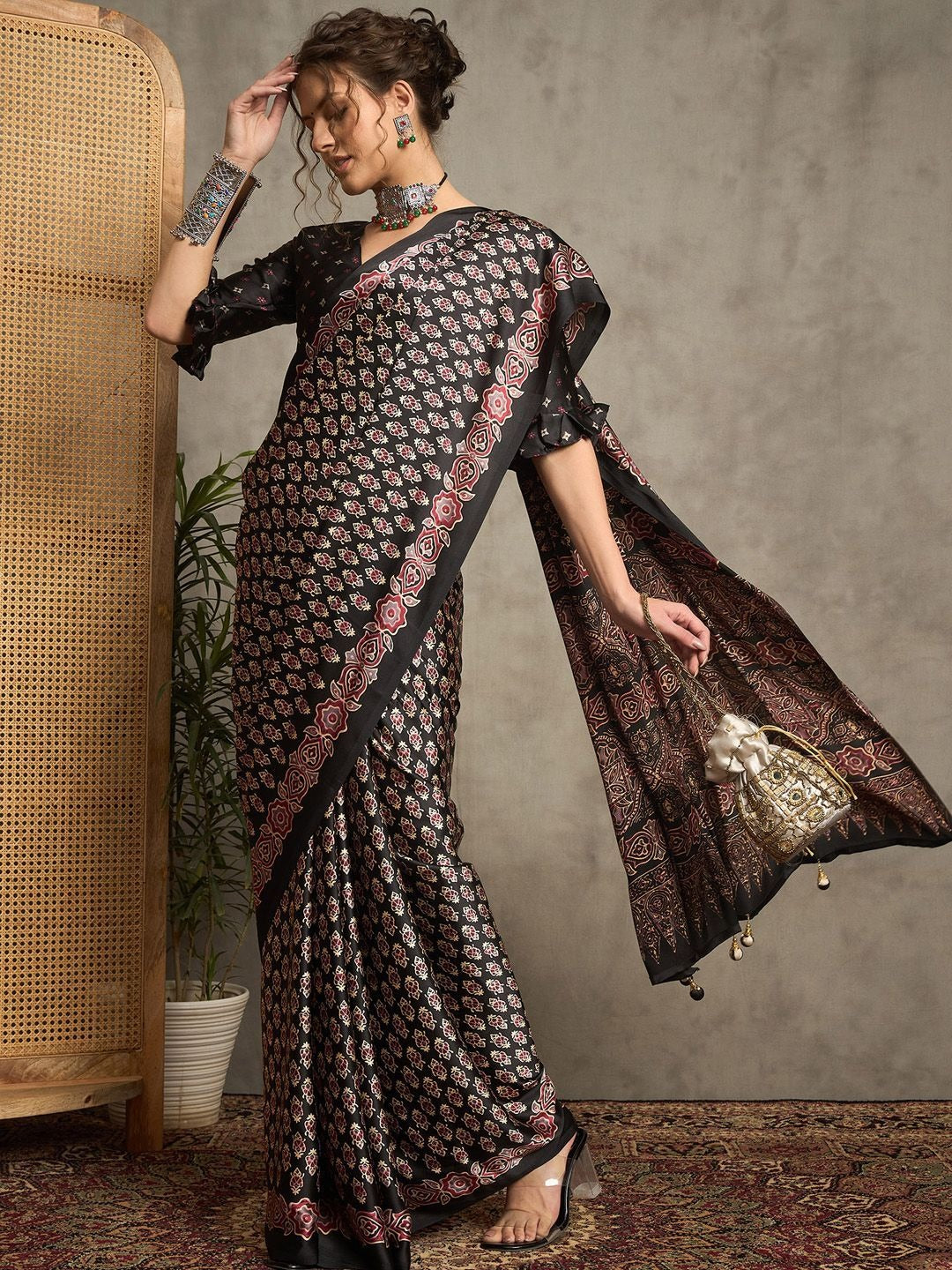Black Gajji Silk Saree with Traditional Red & Beige Ajrakh Patterns