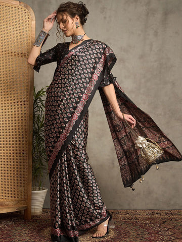 Black Gajji Silk Saree with Traditional Red & Beige Ajrakh Patterns