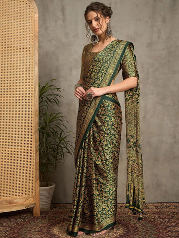 Royal Gajji Silk Saree in Deep Green with Mustard Ajrakh