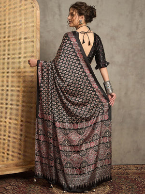 Black Gajji Silk Saree with Traditional Red & Beige Ajrakh Patterns