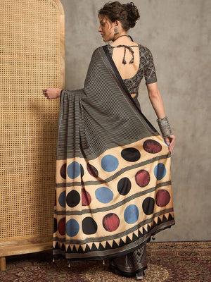 Beige and Black Gajji Silk Saree with Multicolor Polka Pallu