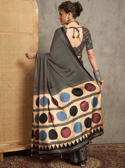 Beige and Black Gajji Silk Saree with Multicolor Polka Pallu