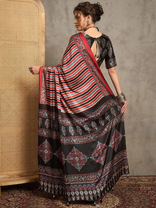 Multicolor Striped Gajji Silk Saree with Contrasting Ajrakh Pallu