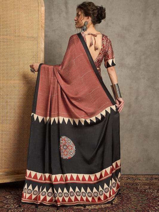Contemporary Rust & Black Gajji Silk Saree with Tribal-Inspired Border