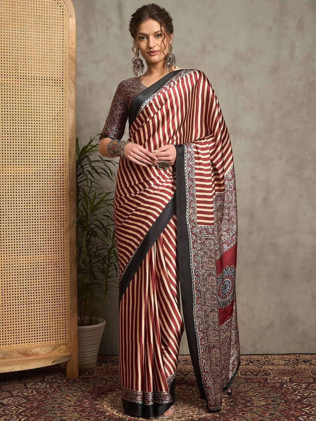 Maroon and Beige Striped Gajji Silk Saree with Mandala-Inspired Pallu