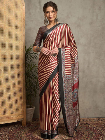 Maroon and Beige Striped Gajji Silk Saree with Mandala-Inspired Pallu