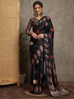 Black Gajji Silk Saree with Red Leaf Buta, Gold Border & Multicolor
