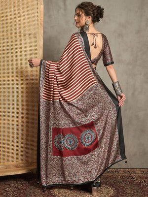 Maroon and Beige Striped Gajji Silk Saree with Mandala-Inspired Pallu