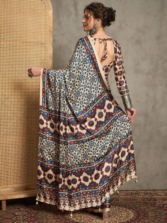 Royal Gajji Silk Saree in Cream & Indigo with Traditional Ajrakh Print