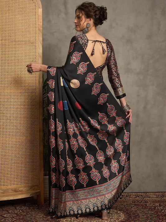 Black Gajji Silk Saree with Red Leaf Buta, Gold Border & Multicolor