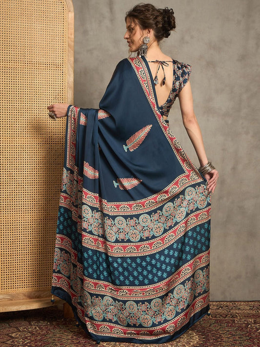 Midnight Blue Gajji Silk Saree with Stylized Leaf Motifs & Traditional