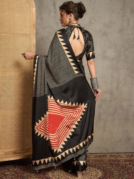 Black Gajji Silk Saree with Tribal Red Geometric Motif & Contrast Bord