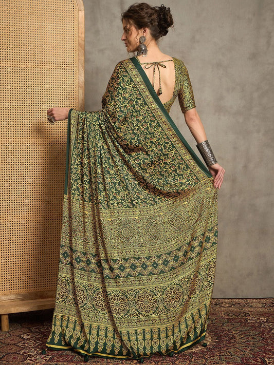 Royal Gajji Silk Saree in Deep Green with Mustard Ajrakh