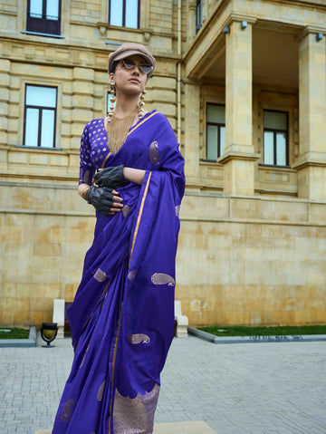 Pure Satin Handloom Weaving Silk Saree with Zari Buti & Heavy Pallu - Blue