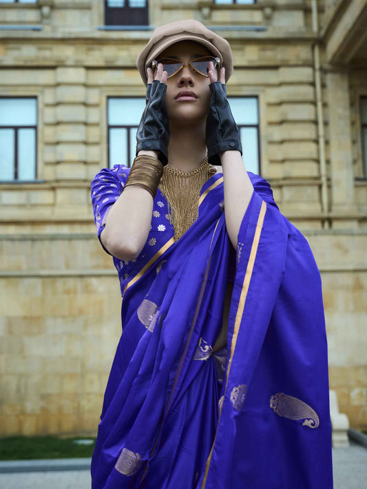 Pure Satin Handloom Weaving Silk Saree with Zari Buti & Heavy Pallu - Blue