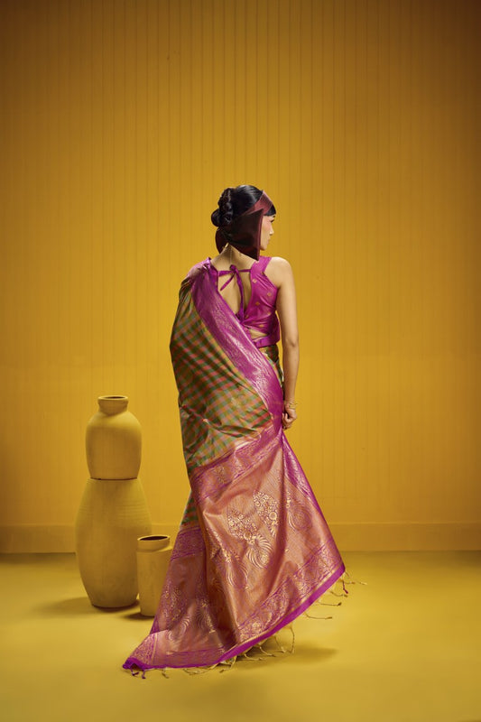 Madras Check Inspired Silk Saree with Olive green & rani pink with a Zari Border