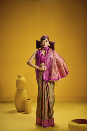 Madras Check Inspired Silk Saree with Olive green & rani pink with a Zari Border
