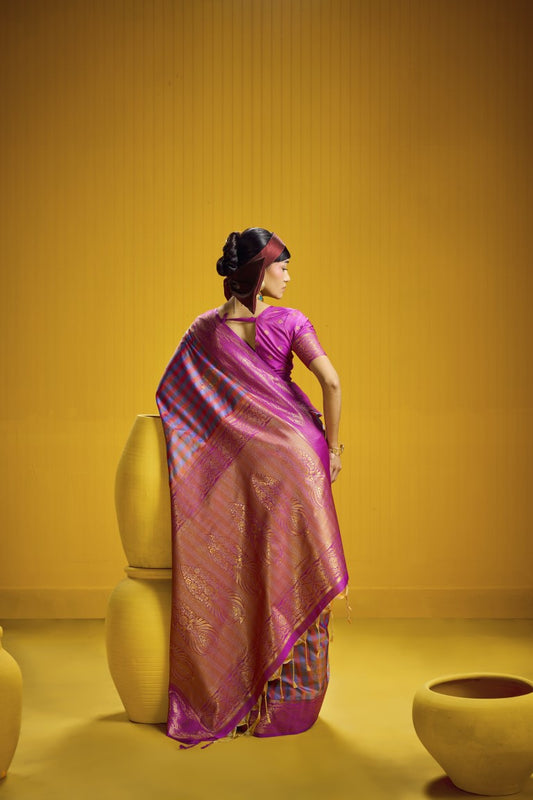 Madras Check Inspired Silk Saree With Royal Blue & Magenta Pink With  Gold Zari