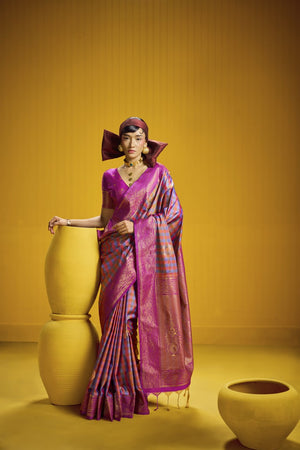 Madras Check Inspired Silk Saree With Royal Blue & Magenta Pink With  Gold Zari